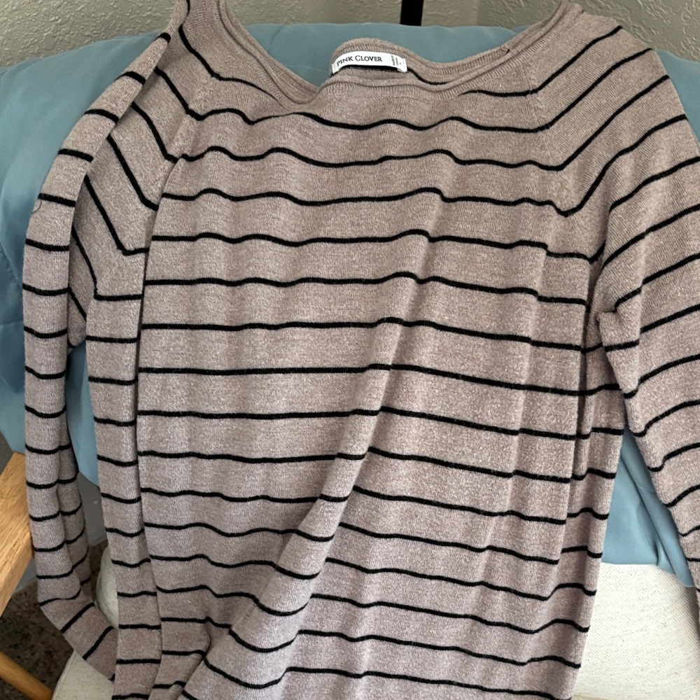 Pink Clover Striped Off-Shoulder Sweater in Taupe and Black